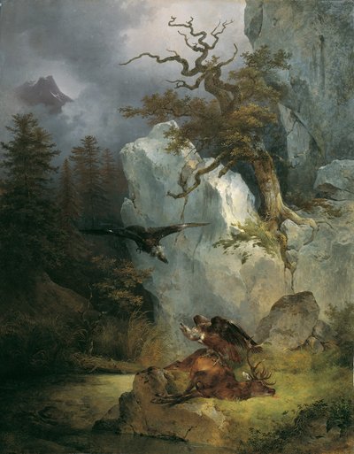 Ein Geier auf verendetem Hirsch von Friedrich August Mathias Gauermann