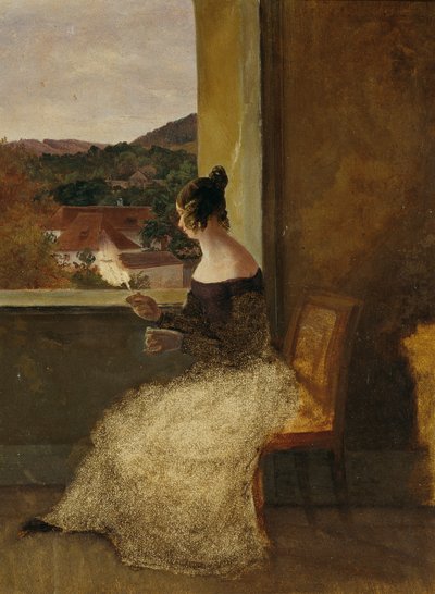 Dame am Fenster mit Spinnrocken von Friedrich Loos