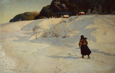 Winterszene mit einem Skifahrer von Fritz Thaulow