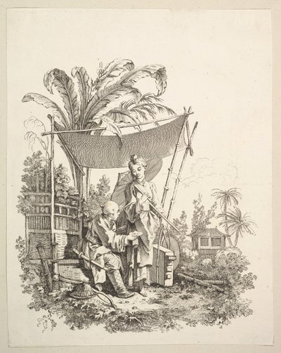 Frau zeigt einem Soldaten Kuriositäten, ca. 1742 von Gabriel Huquier