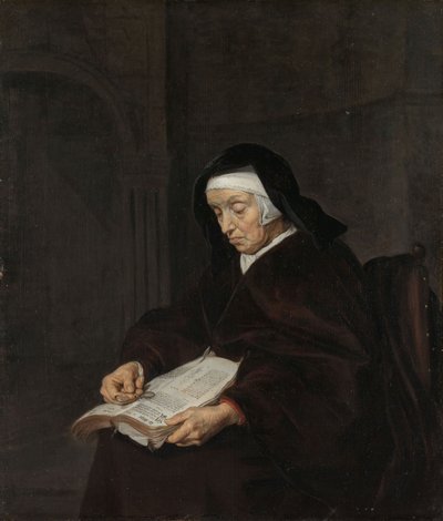 Alte Frau beim Meditieren von Gabriel Metsu