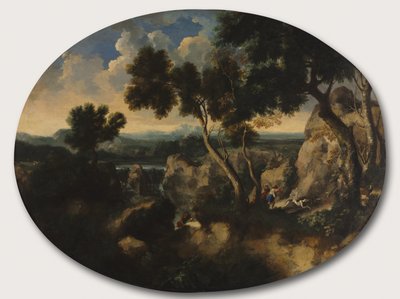 Felsige Landschaft mit Jägern, ca. 1635 von Gaspard Poussin Dughet