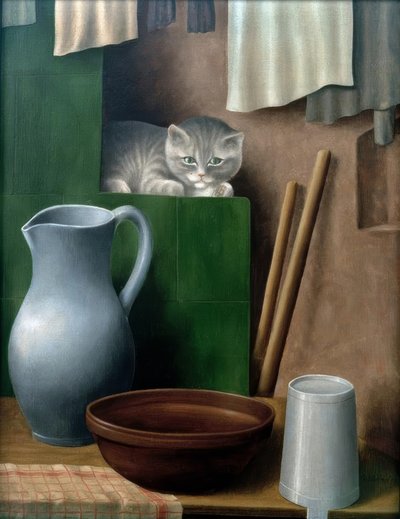 Stilleben mit Katze (Ofenecke) von Georg Schrimpf