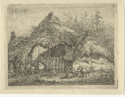 Schäfer bei einer Plaggenhütte (Die Herde Schafe) von Gerardus Emaus de Micault