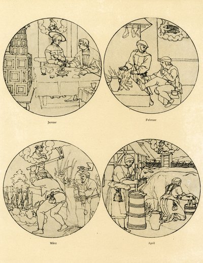 Zwölf Kalenderbilder in kreisförmiger Anordnung von German School