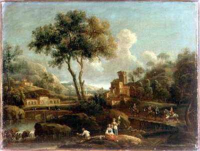 Bewaldete Flusslandschaft mit Reisenden von Gianbattista Cimaroli