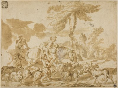 Bauernfamilie mit Schafen und Hund von Giovanni Benedetto Castiglione