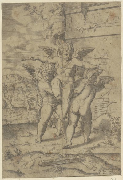 Amor und drei Putti von Giulio Bonasone (attributed to)