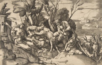 Jupiter wird von der Ziege Amalthea gesäugt, 1531-76 von Giulio Bonasone