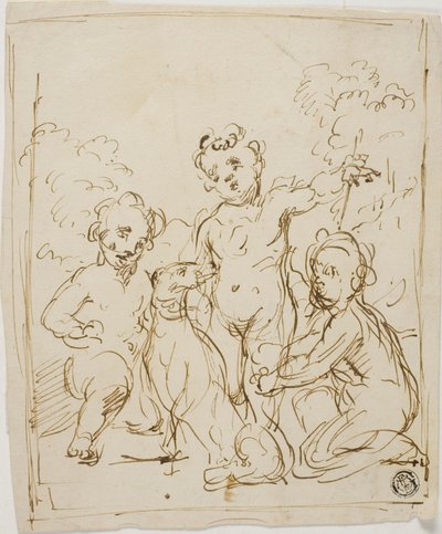 Drei Putti und Hund in einer Landschaft von Giuseppe Diamantini