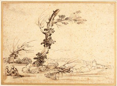 Landschaft mit Falknern bei einem Baum von Guercino