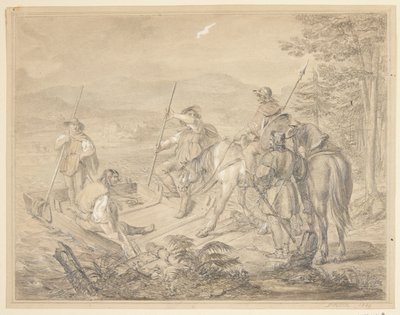 Landschaft mit Reitern an einer Fähre von Gustav Schlick