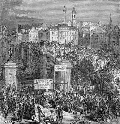 Geschäftige Szene auf der London Bridge von Gustave Dore
