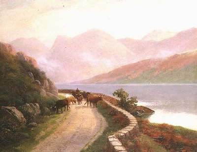 Treiber mit Kühen am Lake Buttermere, Abend von H.R. Hall