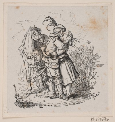Ein Reiter küsst ein junges Mädchen von H. C. Henneberg