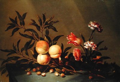 Stillleben mit Pfirsichen und Blumen, 1641 von Hans Bollongier