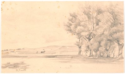 Landschaft mit Ackerland; rechts hohe Bäume von Hans Smidth