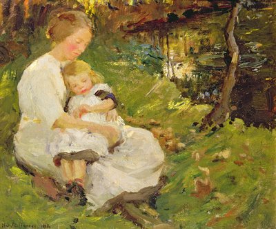 Mutter und Kind in einer bewaldeten Landschaft von Harold Harvey