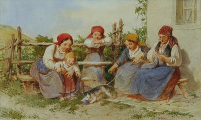 Frauen und Kinder mit spielender Katze von Heinrich Stohl