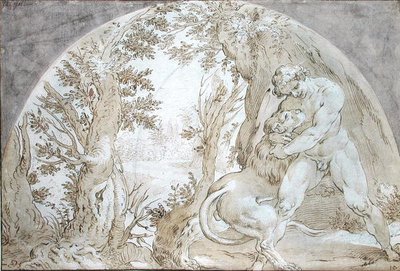 Herkules und der Nemeische Löwe von Hendrik Goltzius