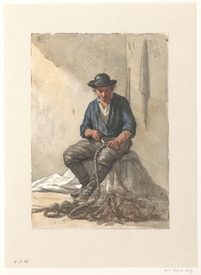 Sitzender Fischer, der an einem Seil arbeitet von Hendrik Valkenburg