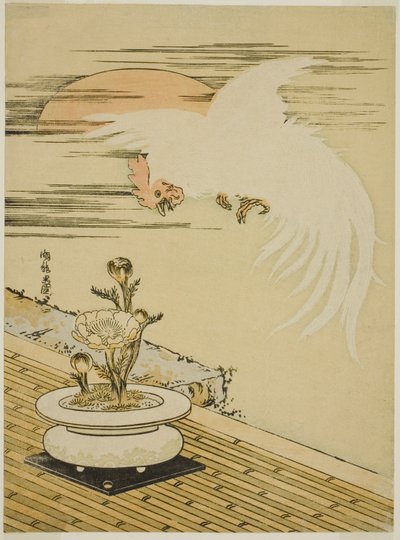 Hahn fliegt über Topf von Adonis von Isoda Koryusai