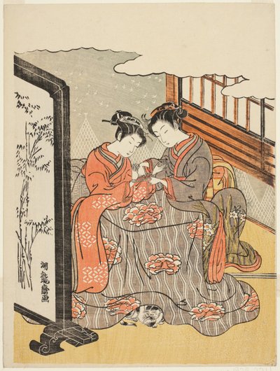 Zwei junge Frauen spielen Fadenspiel von Isoda Koryusai