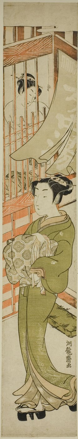 Junge Frau, die aus einem Badehaus kommt von Isoda Koryusai