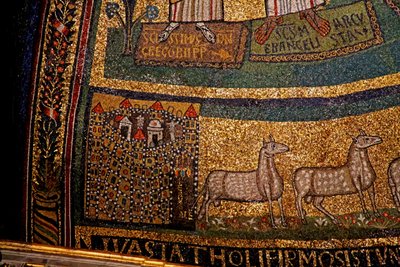 Apsis Detail, Jerusalem und Schafe (Mosaik) von Italian School