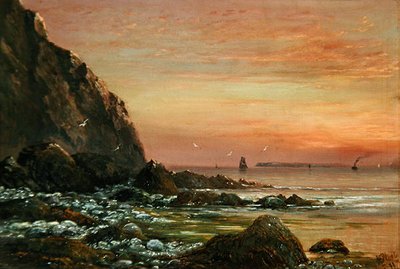 Meereslandschaft mit Klippe bei Sonnenuntergang von J. H. Blunt