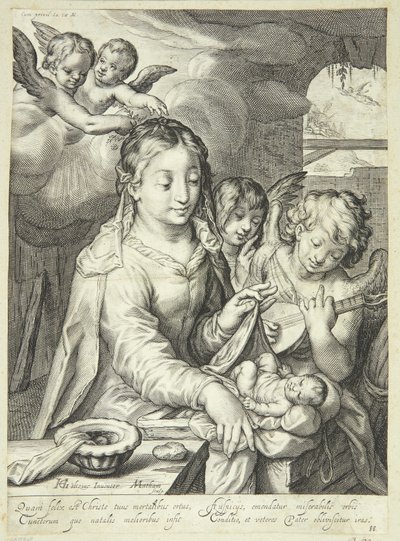 Jungfrau Maria mit dem Kind umgeben von Engeln von Jacob Matham