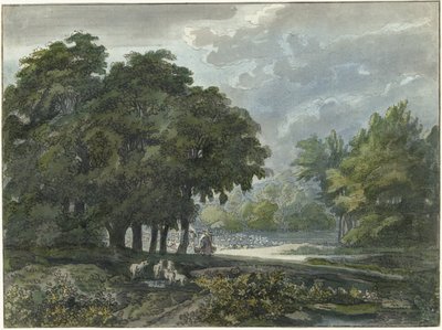 Hirten mit Herde in waldreicher Landschaft von Jacob van Liender