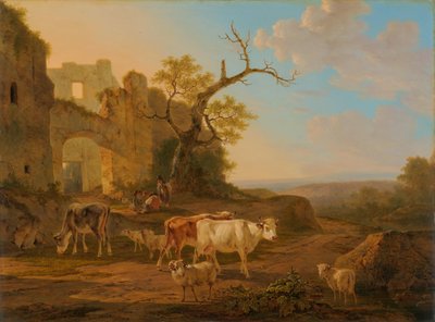 Landschaft mit Kühen nahe einer Ruine von Jacob van Strij