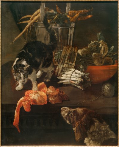 Küchenstück mit Hund und Katze von Jacobus Victors