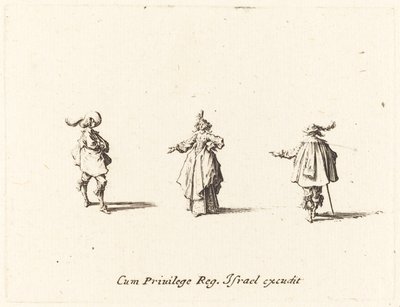 Dame mit ausgestrecktem Arm und zwei Herren von Jacques Callot