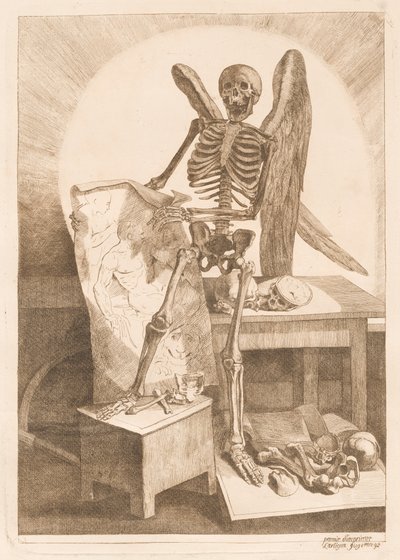 Ein geflügeltes Skelett hält eine anatomische Zeichnung von Jacques Gamelin