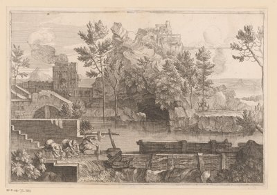 Landschaft mit See und drei badenden Frauen von Jacques Prou