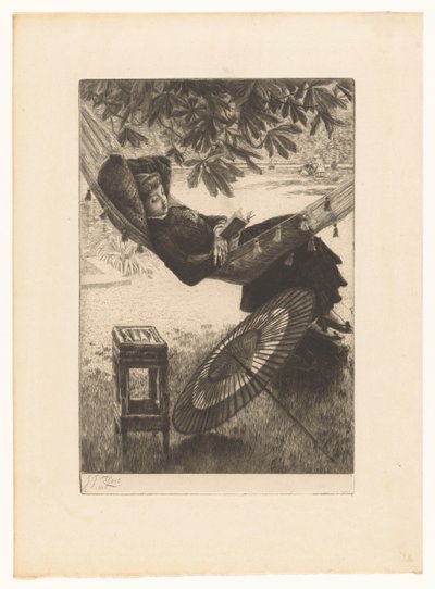 Junge lesende Frau in einer Hängematte von James Tissot