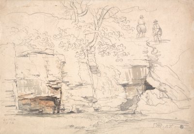 Ein felsiger Hang mit Bäumen und Figuren von James Ward