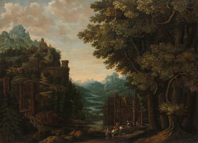 Gebirgige Landschaft mit Flusstal und Burgen von Jan Meerhout