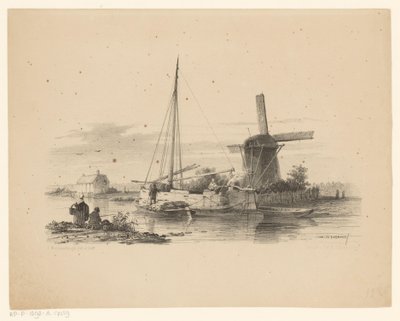 Blick auf einen Kanal mit Torfschiff und Segelboot von Jan Weissenbruch