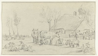Bauernhof mit Vieh und melkender Frau von Jean Bernard