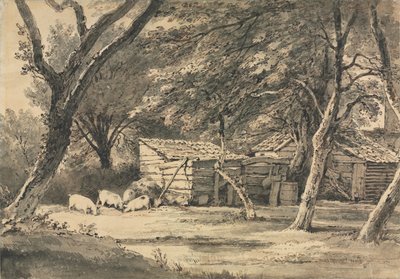 Bauernhof mit Schweinen beim Fressen von Jean Daullé