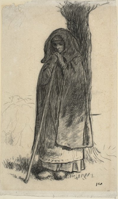 Hirtin, die sich an einen Baum lehnt von Jean Francois Millet