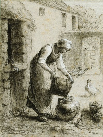 Frau gießt Wasser in Milchkannen von Jean Francois Millet