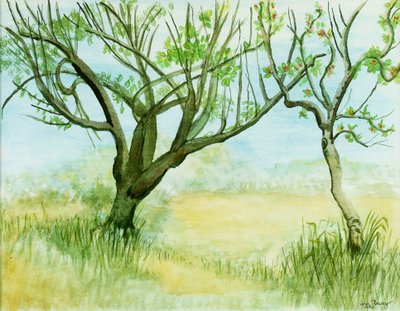 Frühlingslandschaft mit zwei Bäumen von Joan Thewsey