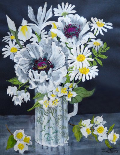 Weiße Mohnblumen, Margeriten und Philadelphus (Gouache) von Joan Thewsey