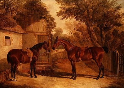 Bay Hunters vor einem Bauernhaus von John Frederick Herring Senior