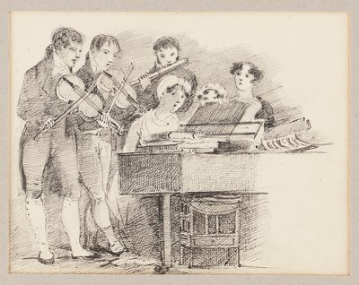 Pianist begleitet von Geigern und einem Flötisten von John Harden
