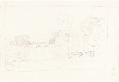 Landschaftsskizze mit Brücke und Schloss von John Sell Cotman